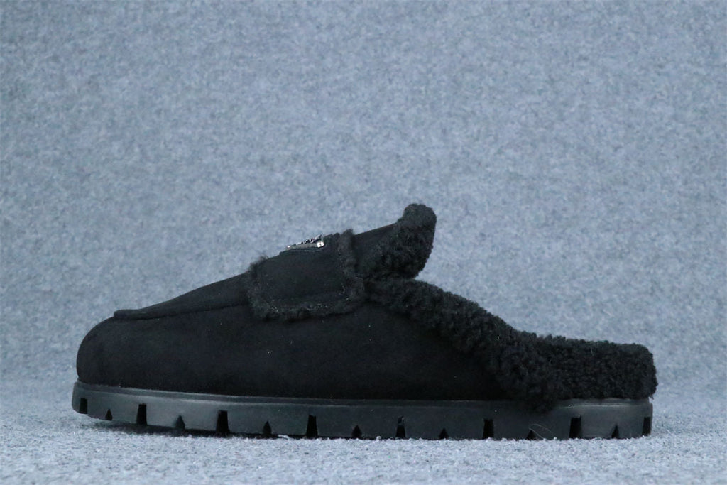 Prada Triangle Logo-Plaque Shearling Backless Loafer