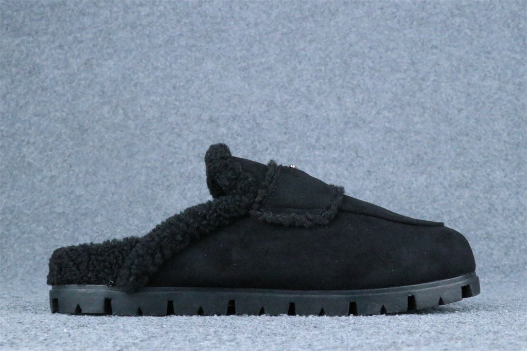 Prada Triangle Logo-Plaque Shearling Backless Loafer