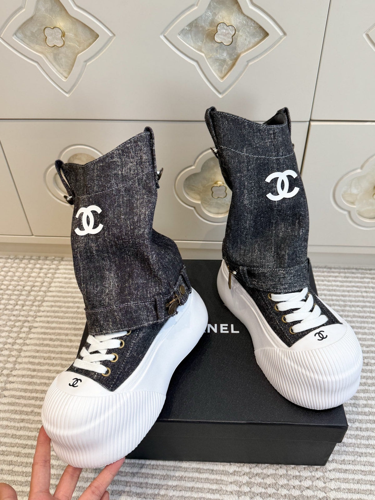 CHANEL 26S HIGH TOP PLATFORM SNEAKER BOOTS IN GREY DENIM